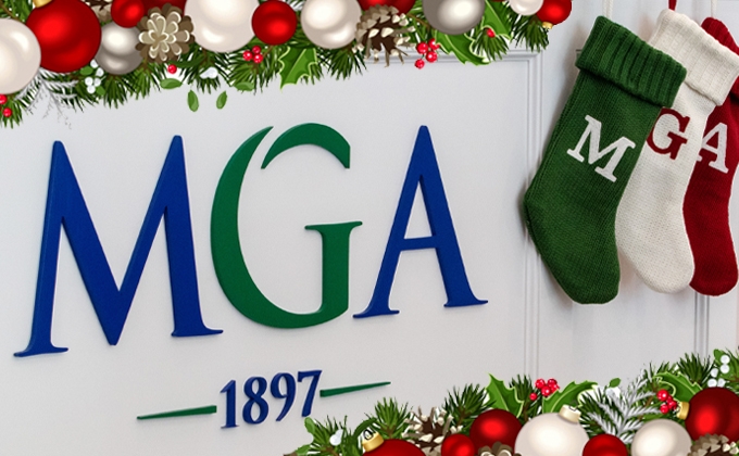 MGA logo and M-G-A stockings with holiday banner