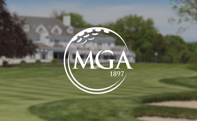 MGA logo over Stanwich Golf Club's 18th hole in the background