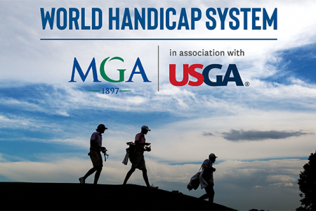 Silhouettes of golfers with World Handicap System, MGA and USGA logos